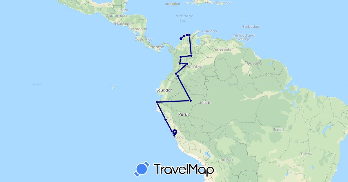 TravelMap itinerary: driving in Colombia, Peru (South America)